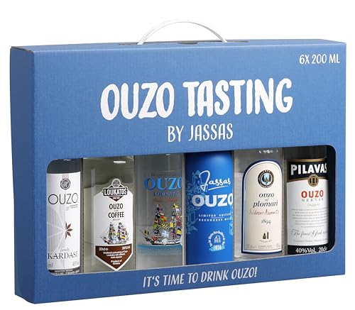 Ouzo Tasting by Jassas 6x 200ml in Geschenkbox | Variante 1 | Feinster Ouzo aus Griechenland | Ouzo Probierset | Spirituosen Geschenk | Spirituosen Geschenkset von Jassas Griechische Feinkost