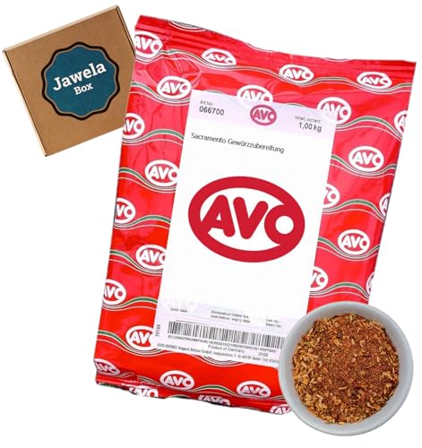 AVO Sacramento Gewürzzubereitung 1kg - Jawela Box - Grillgewürz Metzgergewürz Rind Geflügel Schweinefleisch - aus natürlichen Zutaten Zwiebel, Pfeffer, Kräuter, Curry – Großpackung von Jawela