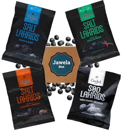 Ga-Jol Lakdris Mix Set 4 x 140g – Original dänisches Gajol Lakritz - Salt Lakrids, Karamel & Whisky, Chili & Peber, Sød Lakrids Salmiak - Jawela Probierpaket von Jawela