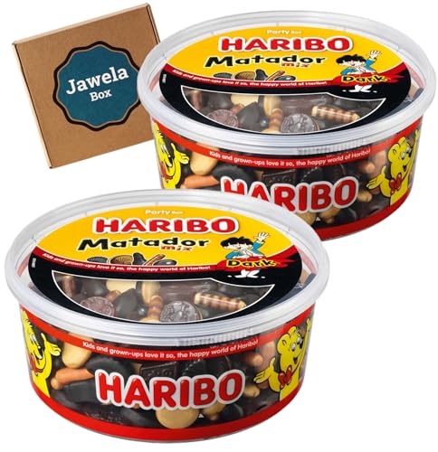 Haribo Matador Dark Mix 2er Set 1,8 kg - 2 x 900g Dose - Großpackung Jawela Box - Lakritz, Lakritzstäbchen, Schaumgummi, Colamünzen Mix - Original aus Dänemark - Geburtstag von Jawela