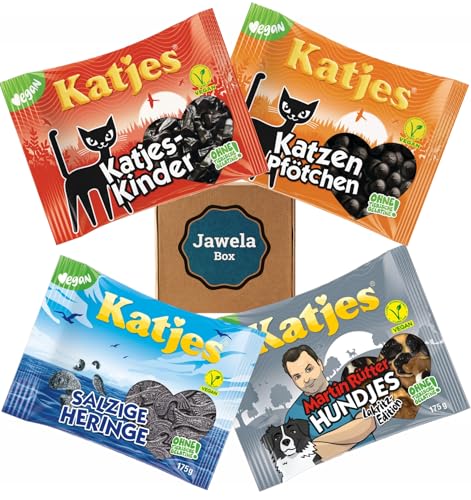 Katjes Lakritz Mix Set 4 x 175g - Katjes-Kinder, Katjes-Pfötchen, Salzige Heringe, Martin Rütter Hundjes - Jawela Set - 700g Probierpaket - vegan - Lakritz Party Set – Geburtstag von Jawela