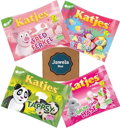 Katjes Schaumzucker Tiere Mix Set 4 x 175g - Fred Ferkel, Party Fred, Tappsy, Grün Ohr Hase - Jawela Set - 700g Probierpaket - vegan - Weingummi Schaumgummi Schaumzucker Tiere Party Set - Geburtstag von Jawela