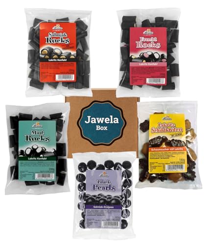 Lakritz Mix Set Rexim Probierset 5 x leckere Sorten - Black Pearls, Lakritz Schildkröten, Frucht Rocks, Mint Rocks, Salmiak Rocks - Jawela Mix Set - Lakritz Probierpaket von Jawela