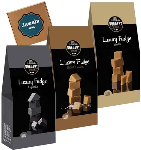 Nordthy Luxury Fudge Mix Set 3 x 150g - Liquorice, Salt & Caramel, Vanilla - Jawela Probierpaket - Nordthy Luksus Fudge Weichkaramell Toffee Lakritz, gesalzenes Karamell, Vanille von Jawela