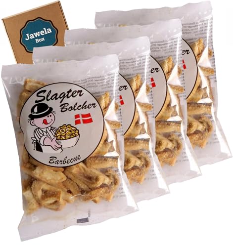 Slagter Bolcher Speckkrusten Schweineschwarten Barbecue 4 x 90g - BBQ Protein Eiweiß Chips - Kohlenhydratarm Low Carb - Original aus Dänemark - Jawela Set von Jawela