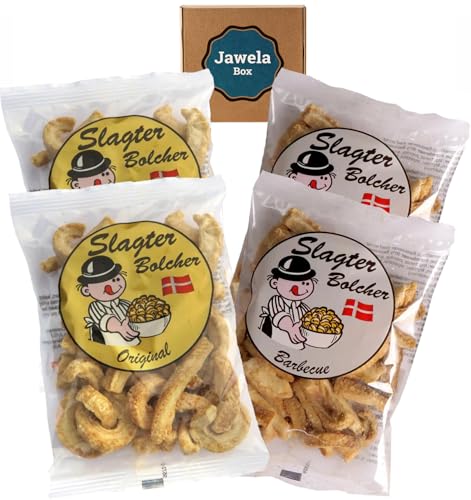 Slagter Bolcher Speckkrusten Schweineschwarten Mix Set 2 x Original & 2 x Barbecue - 4 x 90g Low Carb No Carb Chips Protein-Chips Eiweiß-Chips - Originale aus Dänemark - Jawela Set von Jawela