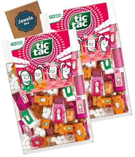 Tic Tac Mini travels 60er 2 x 228g Strawberry Mix - 2 x 228g Miniboxen Erdbeer Mix im Jawela Set - Tic Tac lilliput Minze, Orange, Erdbeere und Erdbeerminze - Reise - Geschenk von Jawela