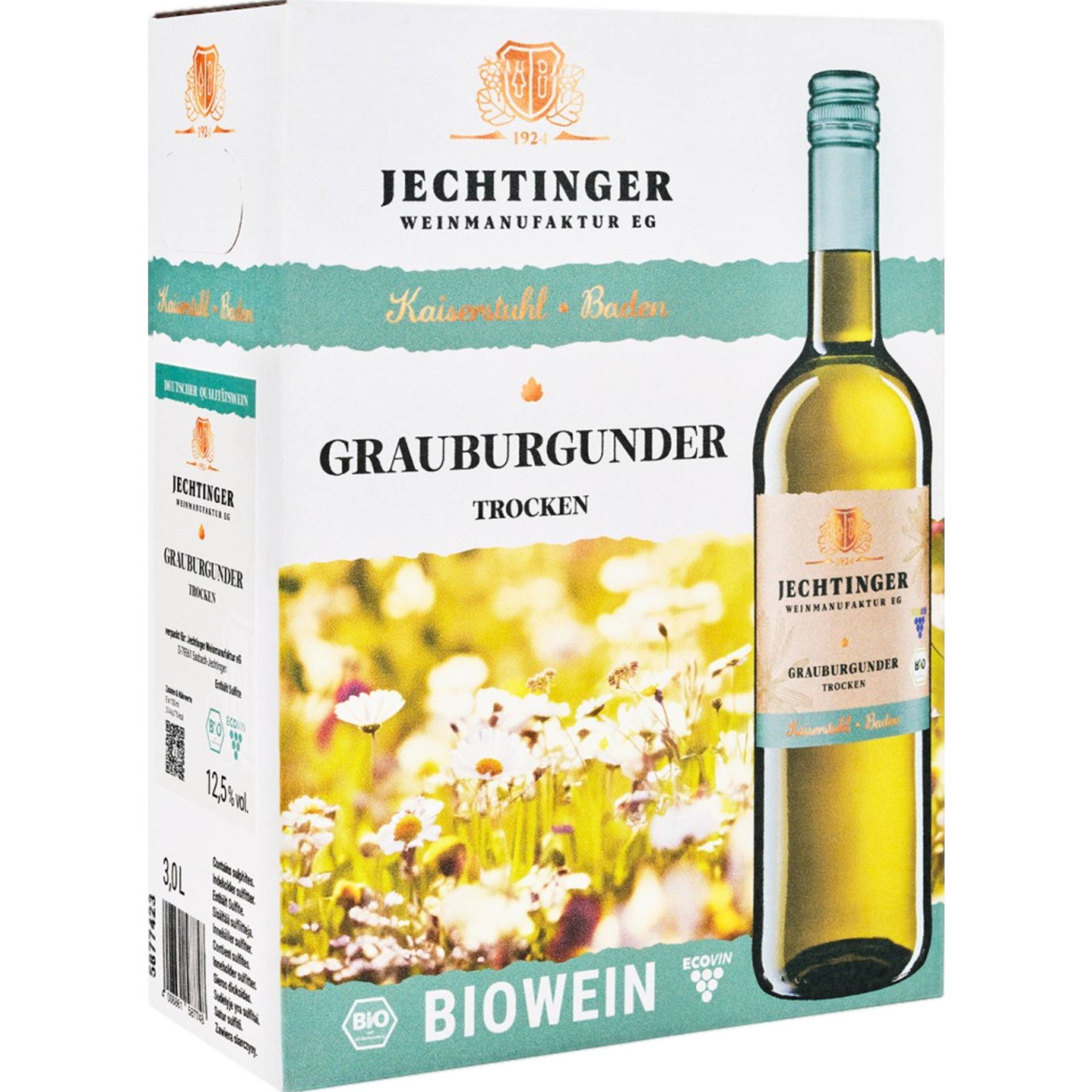 Jechtinger Grauburgunder Bio, Trocken, Baden, Bag in Box 3,0 L, Baden, 2023, Weißwein von Jechtinger Weinmanufaktur eG - Winzerstraße 1, 79361 Sasbach am Kaiserstuhl - DE