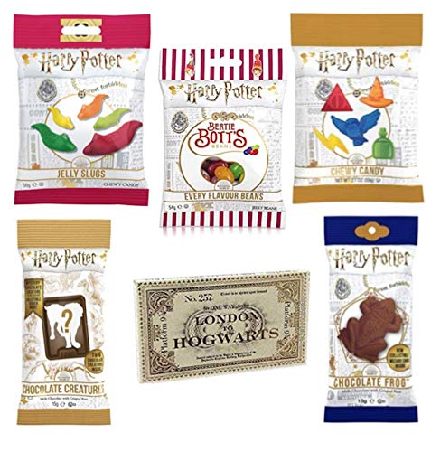 Jelly Belly Harry Potter Box - Jelly Beans 6er Set - Bertie Bott's, Schokofrosch, kreaturen,-platformticket, Fruchtgummischnecken, chewy candy (214g) von Jelly Belly