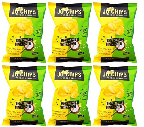 Jo Chips Sour Cream & Cheese Style Vegan Kessel Chips Kartoffelchips Sour Cream Cheese Style Geschmack Vorteilspackung 6 x 120g von Jo Chips