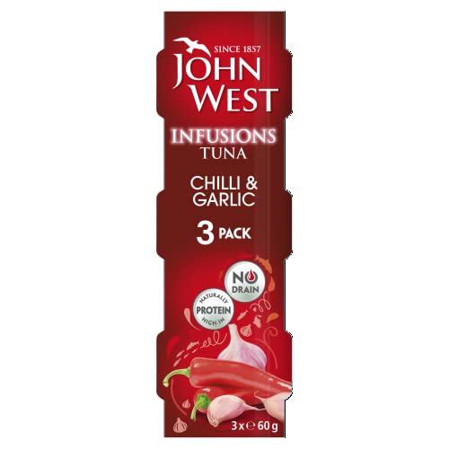 John West Infusions Thunfisch, Chili & Knoblauch, 3 x 60 g, Einzelportion Multipack, natürliches Protein von John West