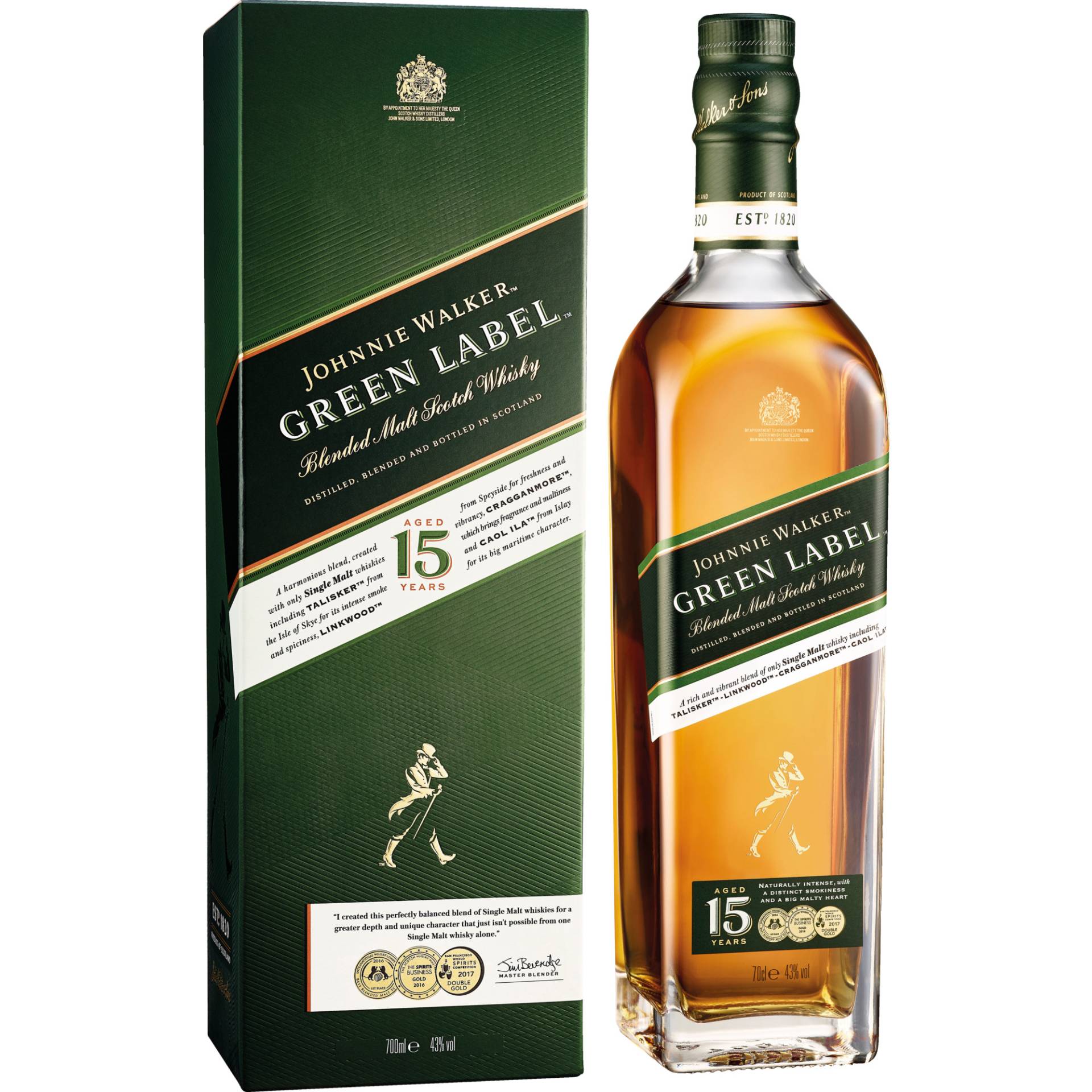 Johnnie Walker Green Label 15 years Scotch Whisky, 43 % vol. 0,7 L, Schottland, Spirituosen von Johnnie Walker & Sons, 5 Lochside Way, Edinburgh, EH12 9DT, Schottland