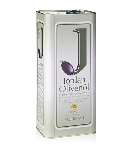 Jordan Olivenöl | Natives Olivenöl Extra [5 Liter - Kanister] - von der griechischen Insel Lesbos | traditionelle Handernte | Kaltextraktion am Tag der Ernte | Kanister im Retro-Design mit Ausgießer von Jordan Olivenöl