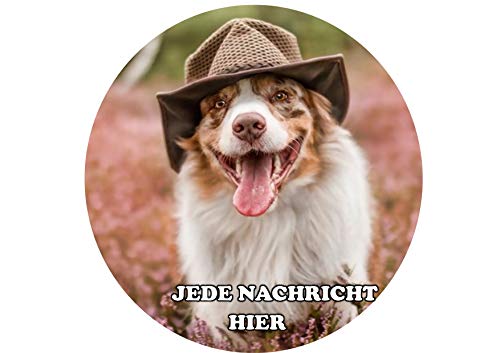 Australischer Schäferhund, der Hut trägt JPS Geburtstags Jede Nachricht personalisierter Name 8-Zoll-runder Zuckerglasurdeckel von Just Party Supplies