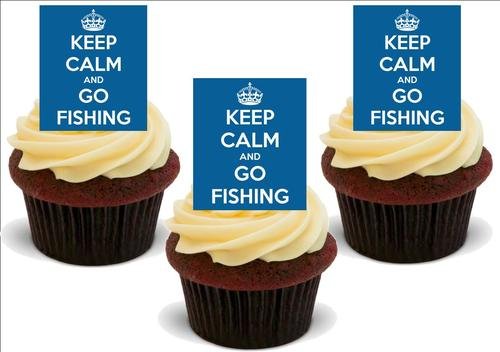 Blau HALTEN SIE RUHE & GO ANGELN - 12 essbare hochwertige stehende Waffeln Kuchen Toppers, Blue KEEP CALM & GO FISHING - 12 Standup Premium Wafer Cake Toppers von Just Party Supplies