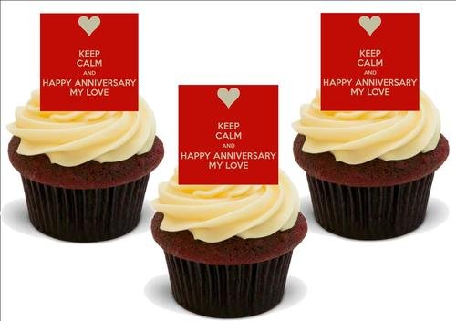 HALTEN SIE RUHE & GLÜCKLICHES JAHRESTAG - 12 essbare hochwertige stehende Waffeln Kuchen Toppers, KEEP CALM & HAPPY ANNIVERSARY - 12 Standup Premium Wafer Cake Toppers von Just Party Supplies