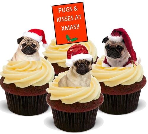 Möpse und Küsse zu Weihnachten- 12 essbare hochwertige stehende Waffeln Kuchen Toppers, Pugs and kisses at xmas-Standups 12 Edible Standup Premium Wafer Cake Toppers von Just Party Supplies