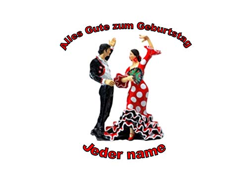 Spanische Flamenco-Tänzer-Paar-Geburtstags-personalisierter Name 8-Zoll-runder Zuckerglasurdeckel Spanish Dancers Birthday von Just Party Supplies