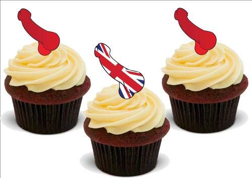 Willy Mix Roter Union Jack – 12 essbare hochwertige stehende Waffeln Karte Kuchen Toppers Dekorationen, Willy Mix Red Union Jack - 12 Edible Stand Up Premium Wafer Card Cake Toppers Decorations von Just Party Supplies