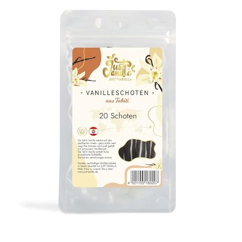 JUST VANILLA Vanilleschoten 20 ganze Stück 42 Gramm Premium Tahiti Vanille Stangen zum Backen, Kochen, Extrahieren, Verfeinern von Süßspeisen von Just Vanilla JUST VANILLA