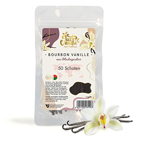 JUST VANILLA Bourbon Vanilleschoten 50 Stück, 105 Gramm Premium Bourbon Vanille aus Madagaskar zum Backen, Kochen, Extrahieren und Verfeinern von Süßspeisen, ganze Schoten von Just Vanilla JUST VANILLA