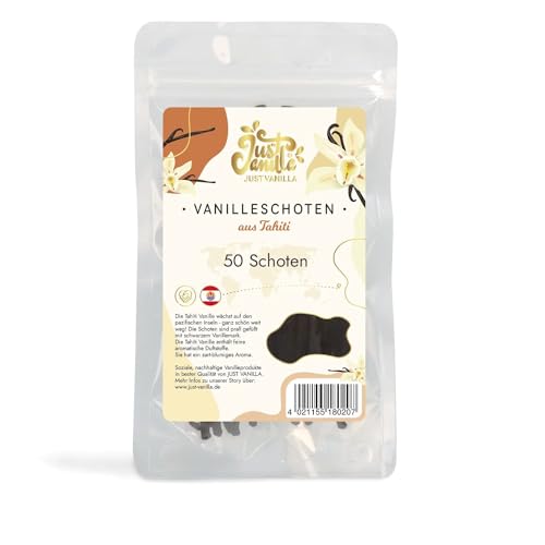 JUST VANILLA Vanilleschoten 50 ganze Stück 105 Gramm Premium Tahiti Vanille Stangen zum Backen, Kochen, Extrahieren, Verfeinern von Süßspeisen von Just Vanilla JUST VANILLA