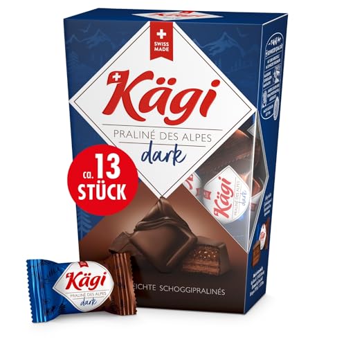 KÄGI Praliné des Alpes Dark 140g I Feinste Schweizer Schokoladenpralinen ca. 13 Stück I Leichte hausgemachte Alpenpralinen mit zartschmelzender Kakaocremefüllung & dünnen Waffelblättern von KÄGI