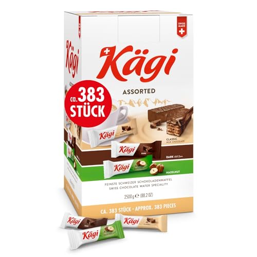 KÄGI mini Assorted Office Pack 2,5 kg I Feinste Schweizer Schokowaffel I knusprige Waffeln umhüllt von hausgemachter Milch-Schokolade I Mini Schokoriegel in 3 Sorten I Süßigkeiten Box für Büro von KÄGI