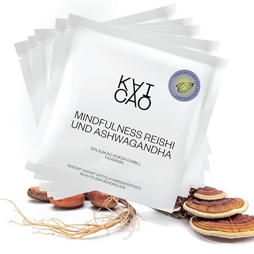 Kaicao Funktionale Zartbitterschokolade 70% mit Reishi und Ashwagandha – Gesüßt mit Datteln – Ohne raffinierten Zucker, Laktosefrei, Glutenfrei, Vegan – Kakao aus Tansania – 5 x 30g von KAICAO