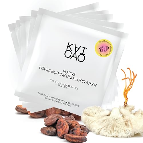 Kaicao Funktionale Zartbitterschokolade 74% mit Löwenmähne und Cordyceps – Wöchentliche Dosis – Ohne raffinierten Zucker, Laktosefrei, Glutenfrei, Vegan – Kakao aus Tansania – 5 x 30g von KAICAO