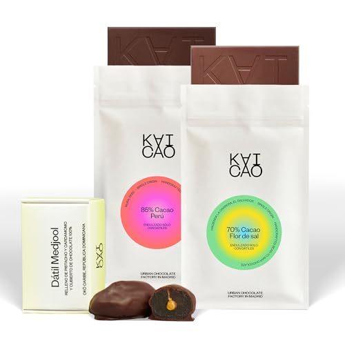 Kaicao Gourmet-Set: 70% Zartbitterschokolade El Salvador mit Fleur de Sel, 85% Peru, Medjool-Datteln gefüllt mit Pistazien & Kardamom, umhüllt mit 100% Kakao Oko del Caribe – 3er Pack von KAICAO