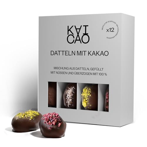 Kaicao Medjool Datteln Mix Pack - Haselnüsse, Pistazien, Cashewnüsse und Mandeln - Überzogen mit 100% Kakao-Schokolade aus Oko - Ohne Zuckerzusatz - 12er-Pack Gesunde Snacks von KAICAO