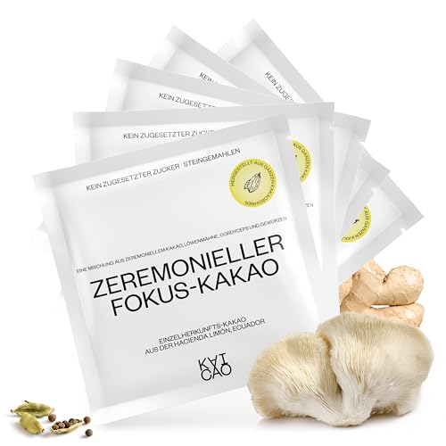 Kaicao Zeremonieller Kakao Focus mit Löwenmähne, Cordyceps, Ingwer und Kardamom – Reines gemahlenes Kakaopulver, Ursprung Ecuador – Ohne Zucker, Vegan, Glutenfrei, Keto-Diät – 5 x 20g von KAICAO