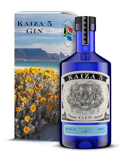 KAIZA 5 BLUE GIN Box – 0,5 l - 43% | Gin aus Südafrika/Kapstadt in der Geschenkbox | Blumig, beerig, frisch | Holunder, Blaubeere und Drachenfrucht | Strand von KAIZA