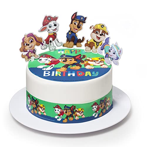 Kardasis Paw Patrol mit Zuckerbändern und Papierfiguren | Essbarer Aufleger für Torten und Kuchen | Tortendekoration für den Paw Patrol Themengeburtstag | 20cm + 3 Band 28x5cm + 4 Figuren von KARDASIS