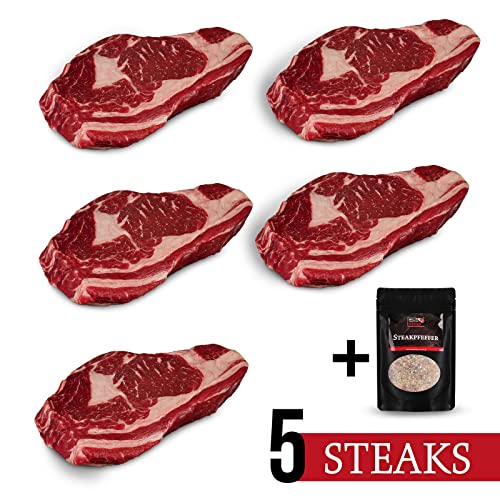 KAUF DEIN STEAK 2 kg 5x Rib-Eye-Steak a 400 g (DRY AGED am Knochen gereift) + Steakpfeffer, 2,1kg Genuss, perfekte Steaks grillen, Grillfleisch von KDS