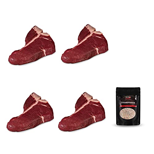 KAUF DEIN STEAK 2,4kg Fleischgenuss - 4x T-Bone Steak a 600g (DRY AGED am Knochen gereift) & 1 x Steakpfeffer 100g, perfekte Steaks grillen, Grillfleisch von KDS