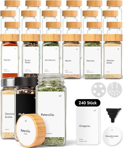 KIVY Gewürzgläser mit Streueinsatz [24x 120ml] + 240 Wasserfeste Label - Luftdichte Gewürzgläser eckig - Gewürzdosen Set - Gewürzstreuer Bambus - Spice jars - Gewürzbehälter mit Holzdeckel von KIVY