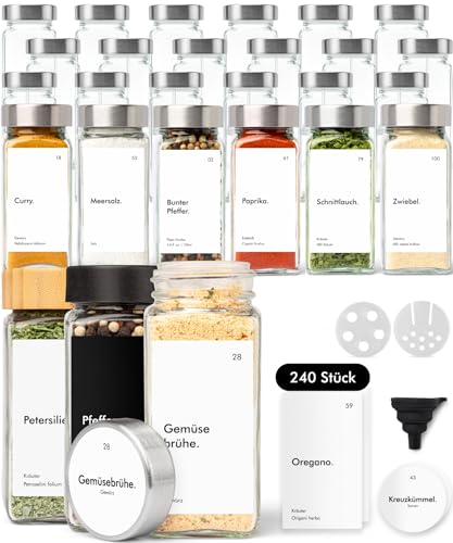 KIVY Gewürzgläser mit Streueinsatz [24x 120ml] + 240 Wasserfeste Label - Luftdichte Gewürzgläser eckig - Gewürzdosen Set - Gewürzstreuer Glas - Spice jars - Gewürze Aufbewahrung - Edelstahl von KIVY