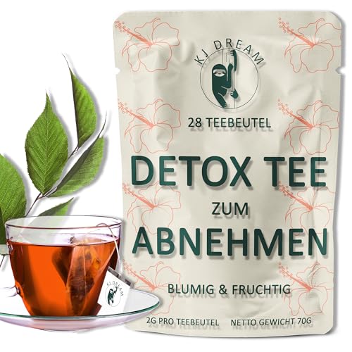 KJ Dream Detox Tee zum Abnehmen - Sanfte Kräutermischung mit Lotusblatt, Oolong & Hibiskus - Unterstützt Fettabbau, Entwässerung, Verdauung & Hormone in den Wechseljahren - 100% Vegan (28 Teebeutel) von KJ Dream