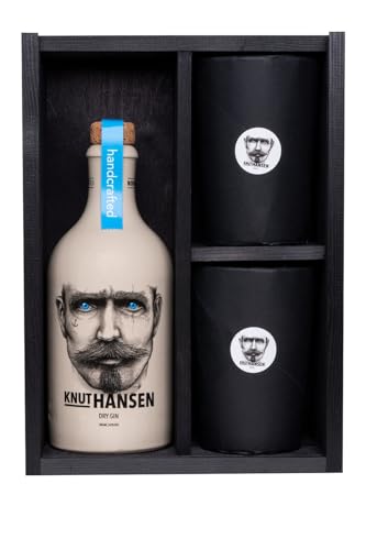 Knut Hansen Dry Gin 42% Volume 0,5l in Holzkiste mit Keramiktasse von KNUT HANSEN DRY GIN