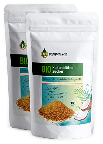 Kräuterland BIO Kokosblütenzucker, 100% rein, unraffiniert, braun, Kokoszucker aus Blütensaft der Kokosnusspalme (1000g) von KRÄUTERLAND N A T U R - Ö L M Ü H L E