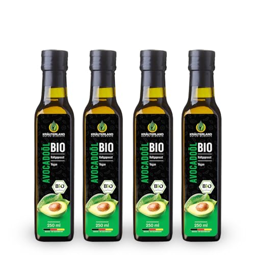 Kräuterland Bio Avocadoöl 1L- rein, kaltgepresst, nativ, vegan - 4er Pack Avocado Öl (4x250ml) zum Kochen, Braten, Grillen & Verfeinern - Speiseöl in Premium Qualität von KRÄUTERLAND N A T U R - Ö L M Ü H L E