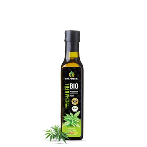 Kräuterland Bio Hanföl 250ml, Hanfsamenöl kaltgepresst, naturrein ohne Zusatz von Aroma-, Farb- und Konservierungsstoffen, hoher Anteil an Omega 3-6-9 Fettsäuren, Premium Qualität von KRÄUTERLAND N A T U R - Ö L M Ü H L E