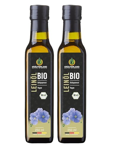 Kräuterland Bio Leinöl 2X250ml (500ml), bio Leinsamenöl, mild und nussig, reich an Lignane und Omega 3-6-9 Fettsäuren, naturrein ohne Zusatzstoffe, kaltgepresst, glasflasche, mühlenfrisch von KRÄUTERLAND N A T U R - Ö L M Ü H L E