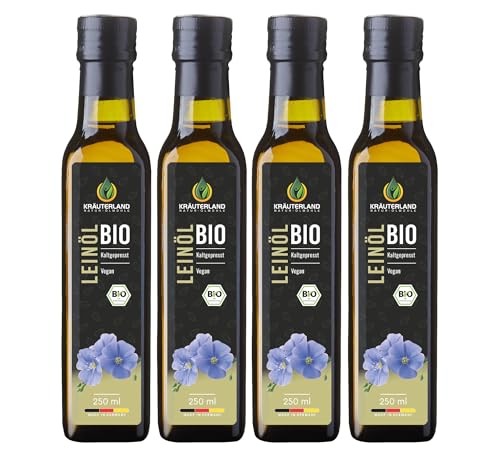 Kräuterland Bio Leinöl 4X250ml (1Liter), bio Leinsamenöl, reich an Lignane und Omega 3-6-9 Fettsäuren, naturrein ohne Zusatzstoffe, mild und nussig, kaltgepresst, glasflasche, mühlenfrisch von KRÄUTERLAND N A T U R - Ö L M Ü H L E