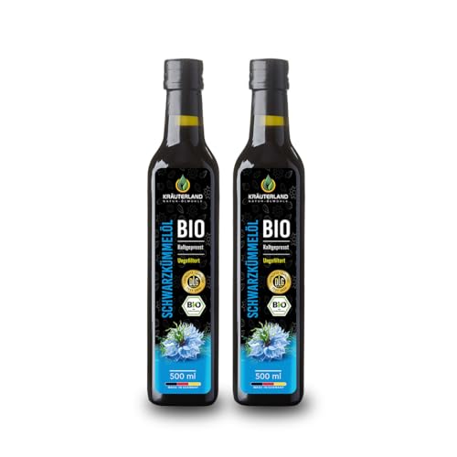 Kräuterland Bio Schwarzkümmelöl 2x500ml (1000ml), ungefiltert, kaltgepresst, hoher Gehalt an THYMOQUINON, Nativ, Täglich frisch gepresst aus unserer Kräuterland Ölmühle von KRÄUTERLAND N A T U R - Ö L M Ü H L E