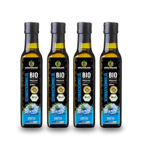 Kräuterland Bio Schwarzkümmelöl 4x250ml (1Liter), gefiltert, naturrein ohne Zusatzstoffe, hoher Thymoquinone, kaltgepresst, mild, glasflasche, mühlenfrisch direkt aus unsrer hessischen Ölmühle von KRÄUTERLAND N A T U R - Ö L M Ü H L E