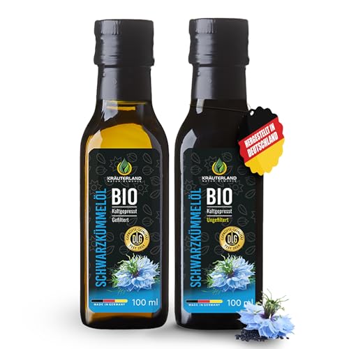 Kräuterland Bio Schwarzkümmelöl Einsteiger-Bundle, 100ml GEFILTERT & 100ml UNGEFILTERT, Kaltgepresst, 100% Bio Nigella Sativa, ohne Zusatz von Aromen, Frabstoffe & Konservierungsstoffe - Mühlenfrisch von KRÄUTERLAND N A T U R - Ö L M Ü H L E