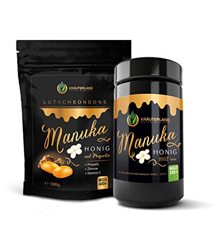 Kräuterland - Manuka Honig MGO 300+ Set 250g - Manuka Bonbons 100g - in Miron-Violettglas (250g / MGO 400+) von KRÄUTERLAND N A T U R - Ö L M Ü H L E